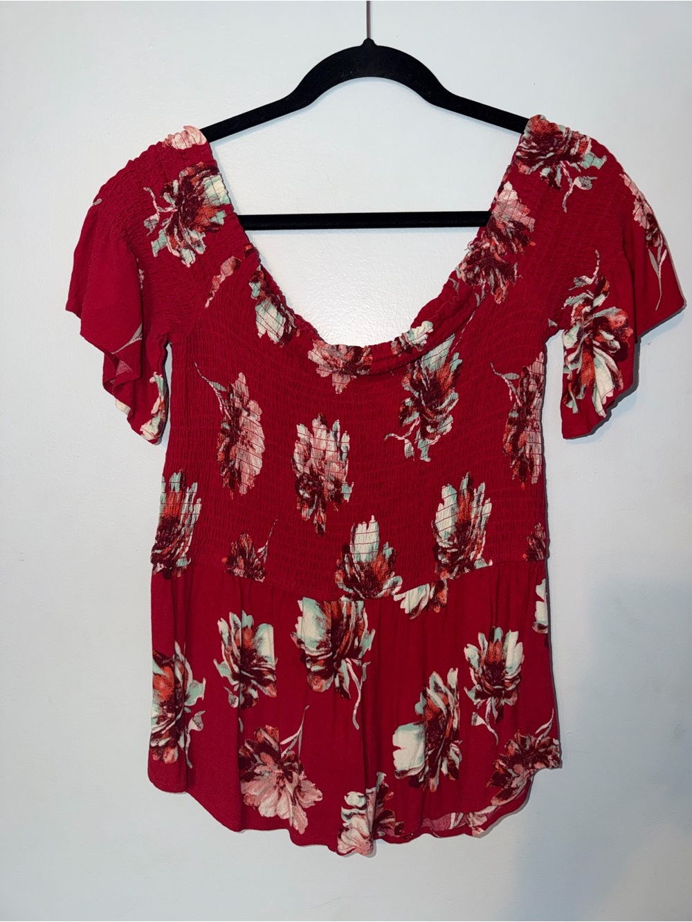 Maurices Red Floral Smocked Wide Neck or Off Shoulder Blouse